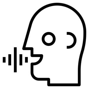 Outline of a person’s head with sound waves coming from the mouth, representing voice recognition.