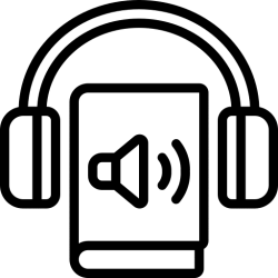 Icon of headphones over a book with a speaker symbol, representing an audiobook.