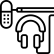 A microphone and headphones connected by a wire, in a simple line art style.
